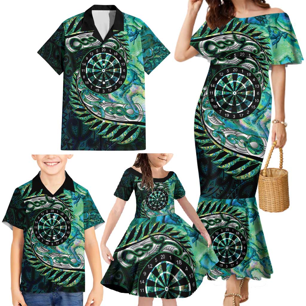 New Zealand Darts Personalised Family Matching Mermaid Dress and Hawaiian Shirt Aotearoa Silver Fern Green Papua Shell Spirit