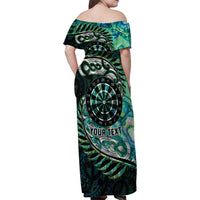 New Zealand Darts Personalised Family Matching Off Shoulder Maxi Dress and Hawaiian Shirt Aotearoa Silver Fern Green Papua Shell Spirit