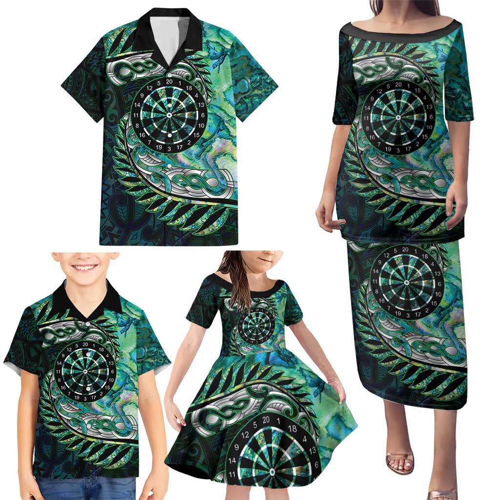 New Zealand Darts Personalised Family Matching Puletasi and Hawaiian Shirt Aotearoa Silver Fern Green Papua Shell Spirit