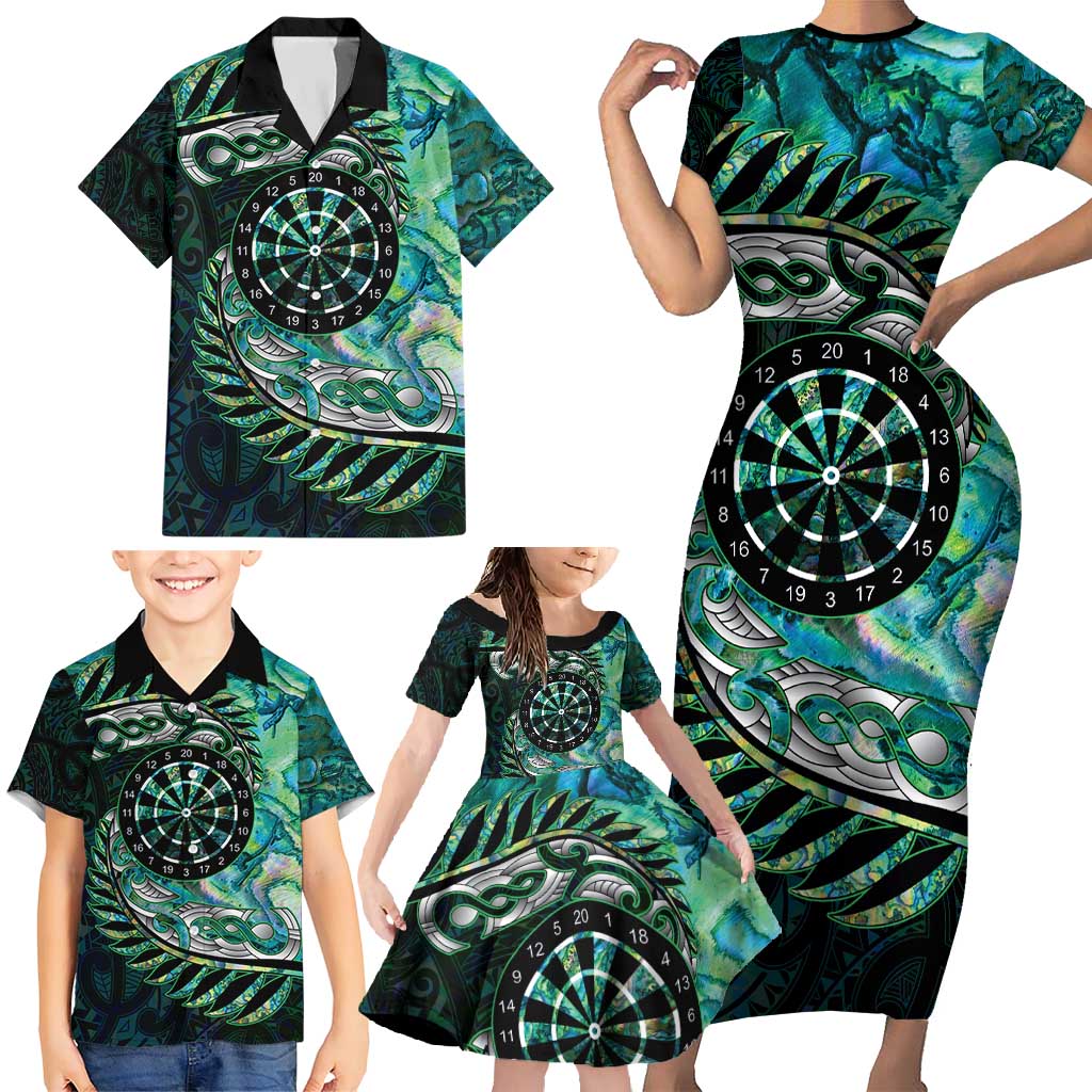 New Zealand Darts Personalised Family Matching Short Sleeve Bodycon Dress and Hawaiian Shirt Aotearoa Silver Fern Green Papua Shell Spirit