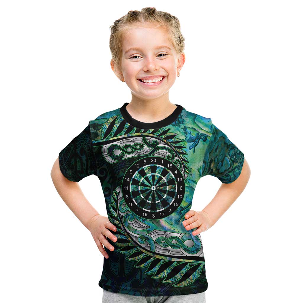New Zealand Darts Personalised Kid T Shirt Aotearoa Silver Fern Green Papua Shell Spirit