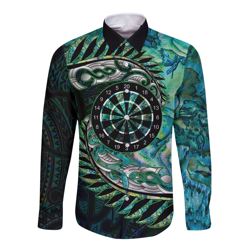 New Zealand Darts Personalised Long Sleeve Button Shirt Aotearoa Silver Fern Green Papua Shell Spirit