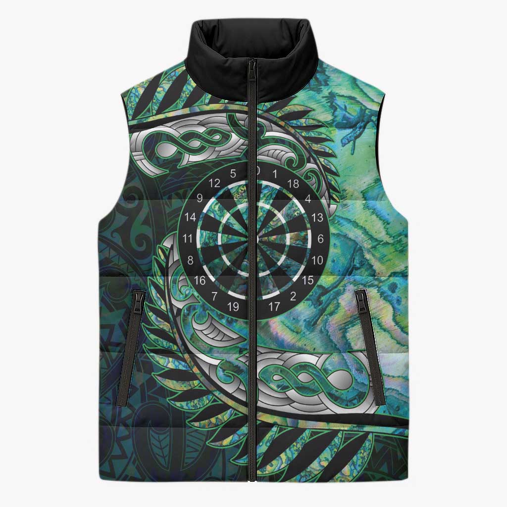 New Zealand Darts Personalised Sleeveless Puffer Jacket Aotearoa Silver Fern Green Papua Shell Spirit - Polynesian Pride