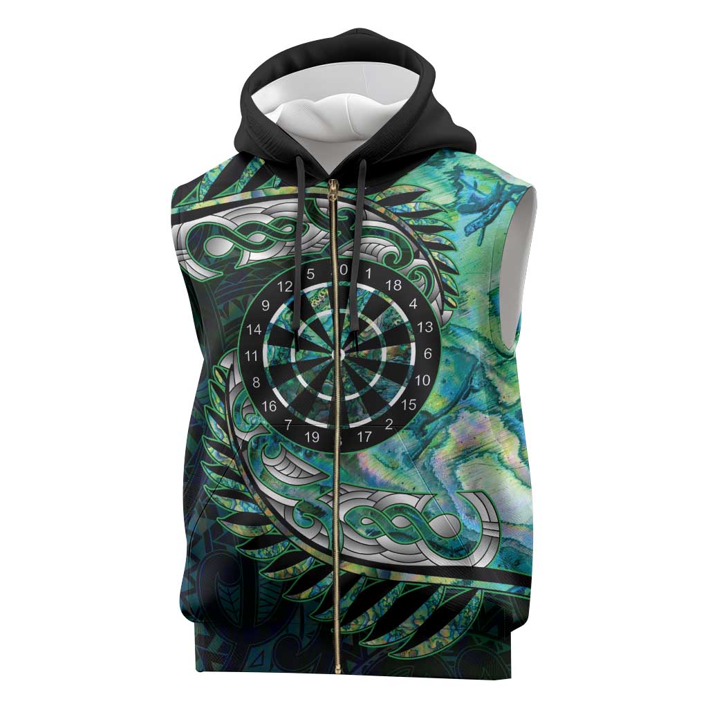 New Zealand Darts Personalised Sleeveless Zip Hoodie Aotearoa Silver Fern Green Papua Shell Spirit - Polynesian Pride