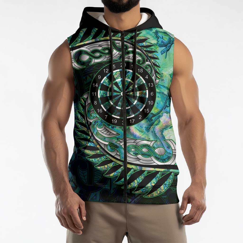 New Zealand Darts Personalised Sleeveless Zip Hoodie Aotearoa Silver Fern Green Papua Shell Spirit LT9 - Polynesian Pride