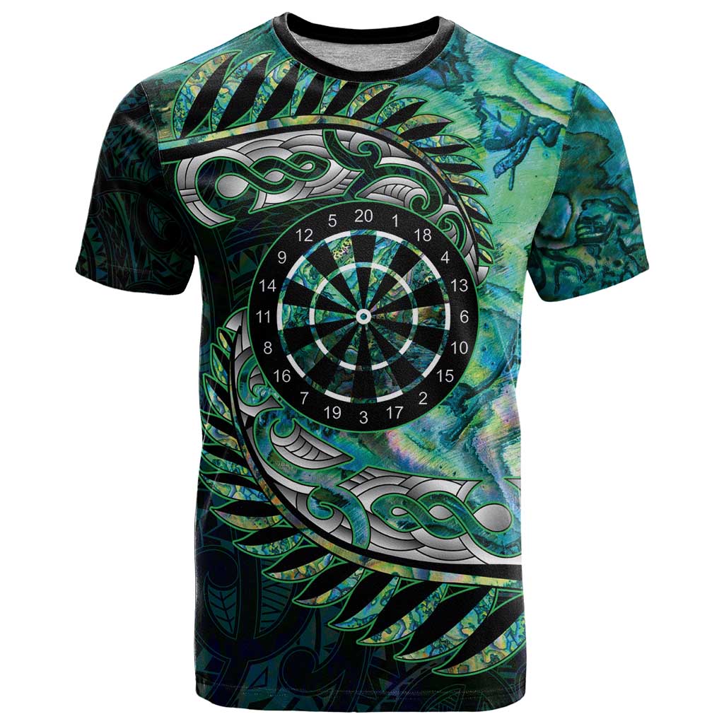 New Zealand Darts Personalised T Shirt Aotearoa Silver Fern Green Papua Shell Spirit
