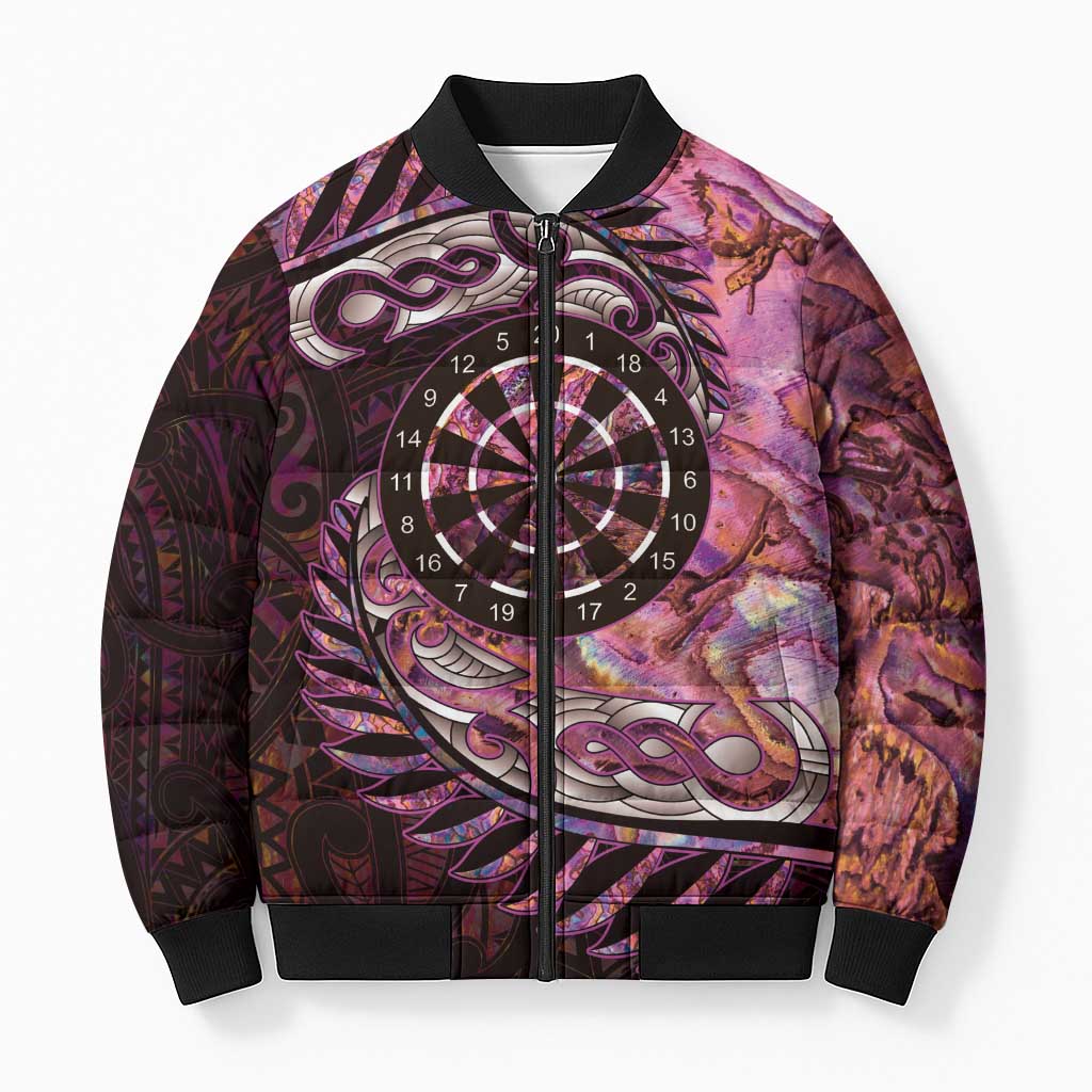 New Zealand Darts Personalised Bomber Puffer Jacket Aotearoa Silver Fern Pink Papua Shell Spirit - Polynesian Pride