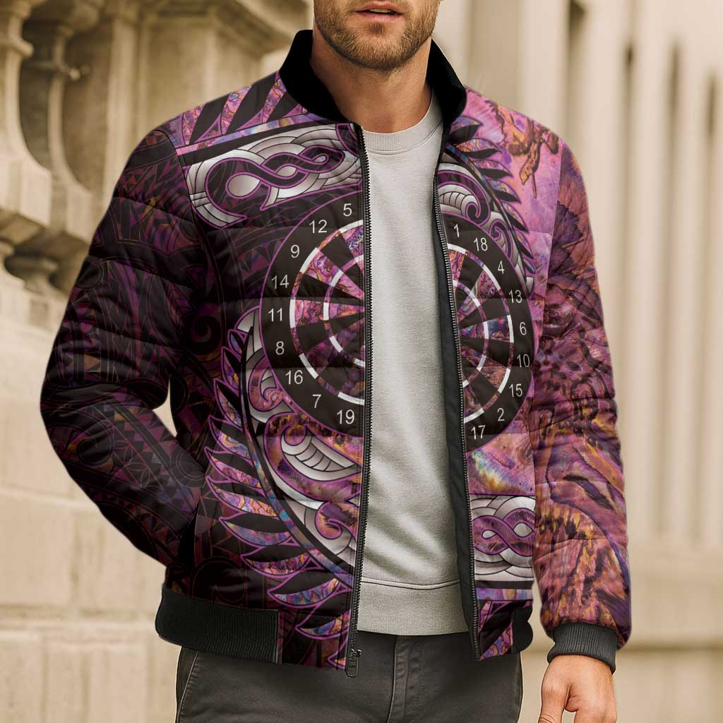 New Zealand Darts Personalised Bomber Puffer Jacket Aotearoa Silver Fern Pink Papua Shell Spirit - Polynesian Pride