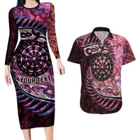 New Zealand Darts Personalised Couples Matching Long Sleeve Bodycon Dress and Hawaiian Shirt Aotearoa Silver Fern Pink Papua Shell Spirit