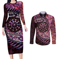 New Zealand Darts Personalised Couples Matching Long Sleeve Bodycon Dress and Long Sleeve Button Shirt Aotearoa Silver Fern Pink Papua Shell Spirit