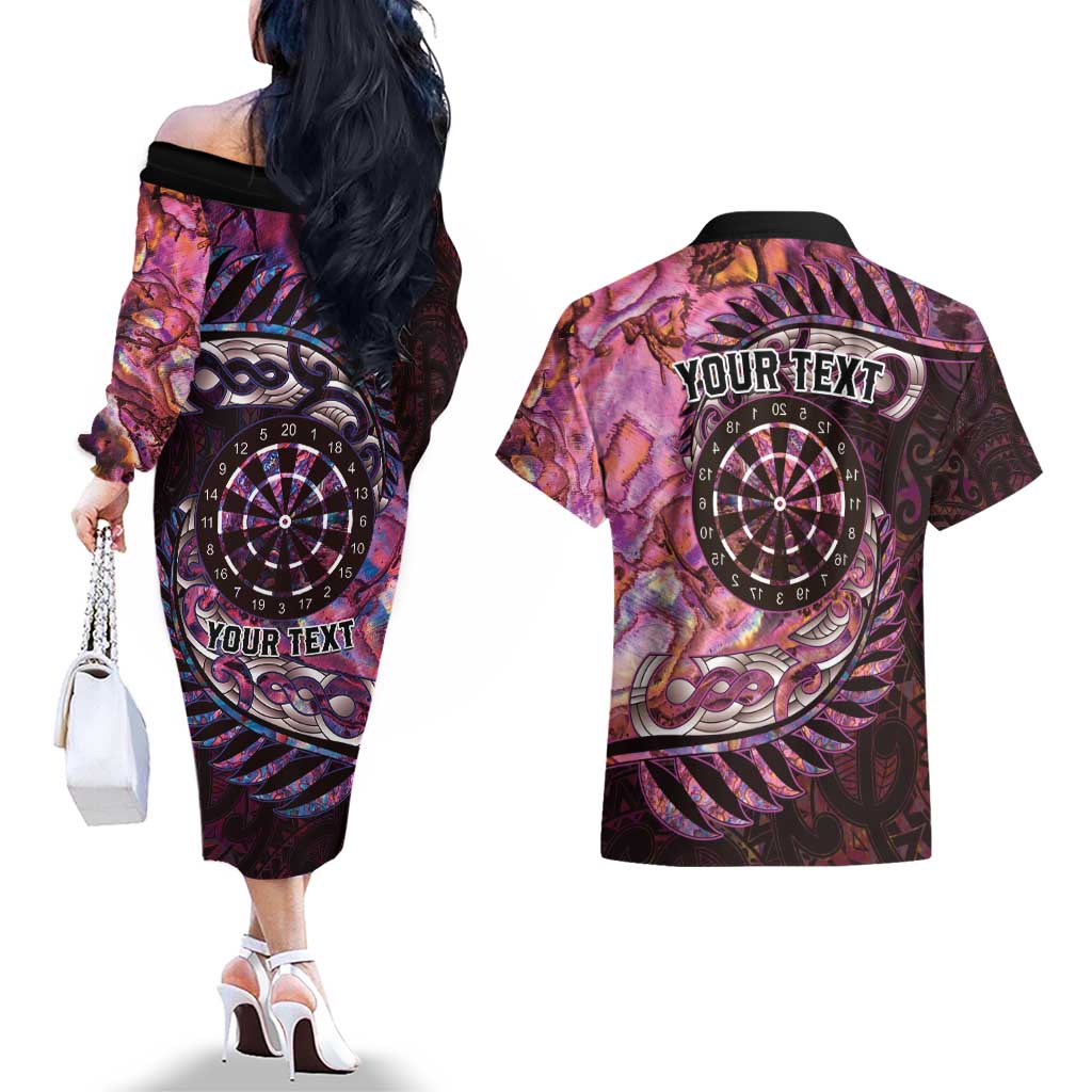 New Zealand Darts Personalised Couples Matching Off The Shoulder Long Sleeve Dress and Hawaiian Shirt Aotearoa Silver Fern Pink Papua Shell Spirit