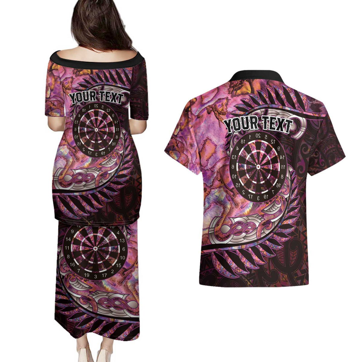 New Zealand Darts Personalised Couples Matching Puletasi and Hawaiian Shirt Aotearoa Silver Fern Pink Papua Shell Spirit