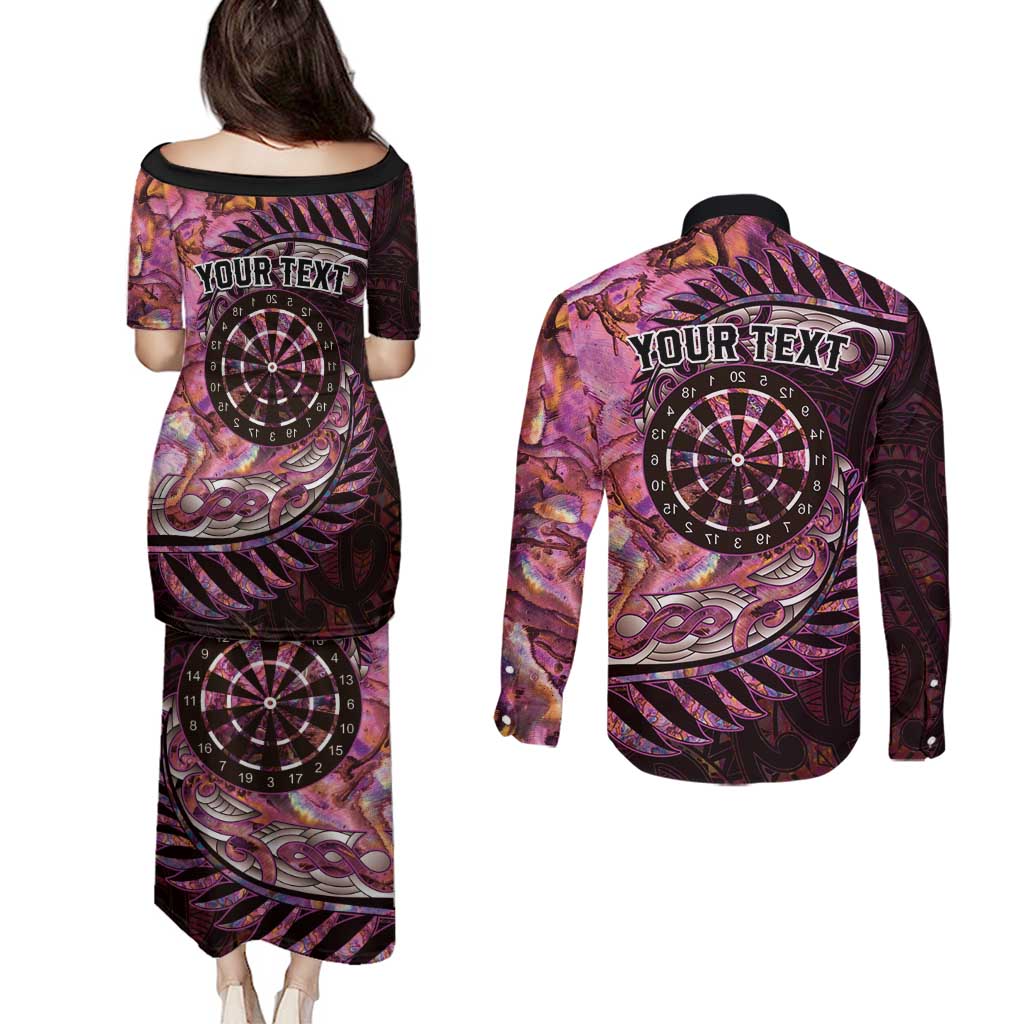 New Zealand Darts Personalised Couples Matching Puletasi and Long Sleeve Button Shirt Aotearoa Silver Fern Pink Papua Shell Spirit