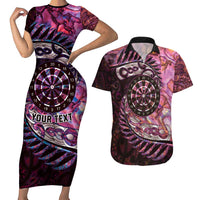 New Zealand Darts Personalised Couples Matching Short Sleeve Bodycon Dress and Hawaiian Shirt Aotearoa Silver Fern Pink Papua Shell Spirit