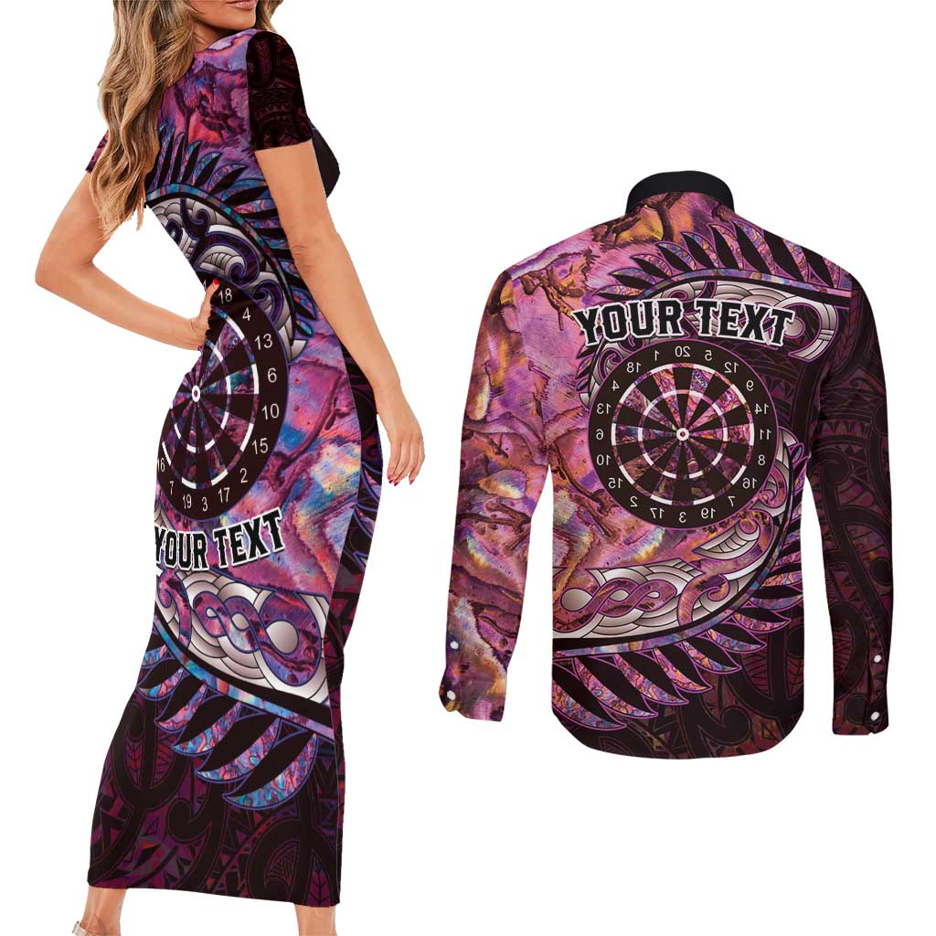 New Zealand Darts Personalised Couples Matching Short Sleeve Bodycon Dress and Long Sleeve Button Shirt Aotearoa Silver Fern Pink Papua Shell Spirit