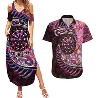New Zealand Darts Personalised Couples Matching Summer Maxi Dress and Hawaiian Shirt Aotearoa Silver Fern Pink Papua Shell Spirit