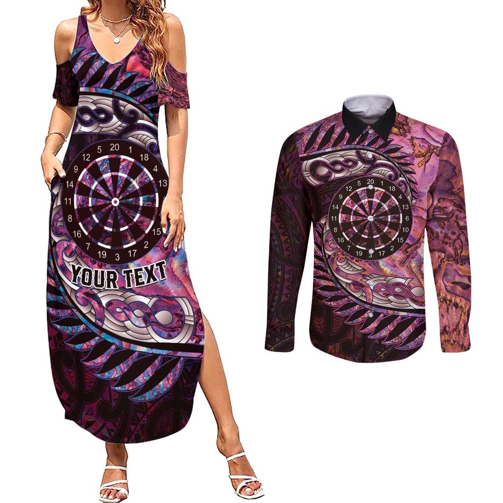 New Zealand Darts Personalised Couples Matching Summer Maxi Dress and Long Sleeve Button Shirt Aotearoa Silver Fern Pink Papua Shell Spirit