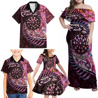New Zealand Darts Personalised Family Matching Off Shoulder Maxi Dress and Hawaiian Shirt Aotearoa Silver Fern Pink Papua Shell Spirit