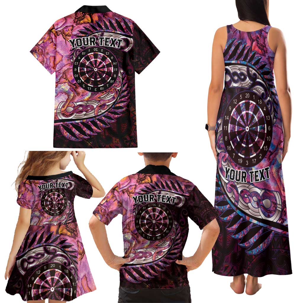 New Zealand Darts Personalised Family Matching Tank Maxi Dress and Hawaiian Shirt Aotearoa Silver Fern Pink Papua Shell Spirit