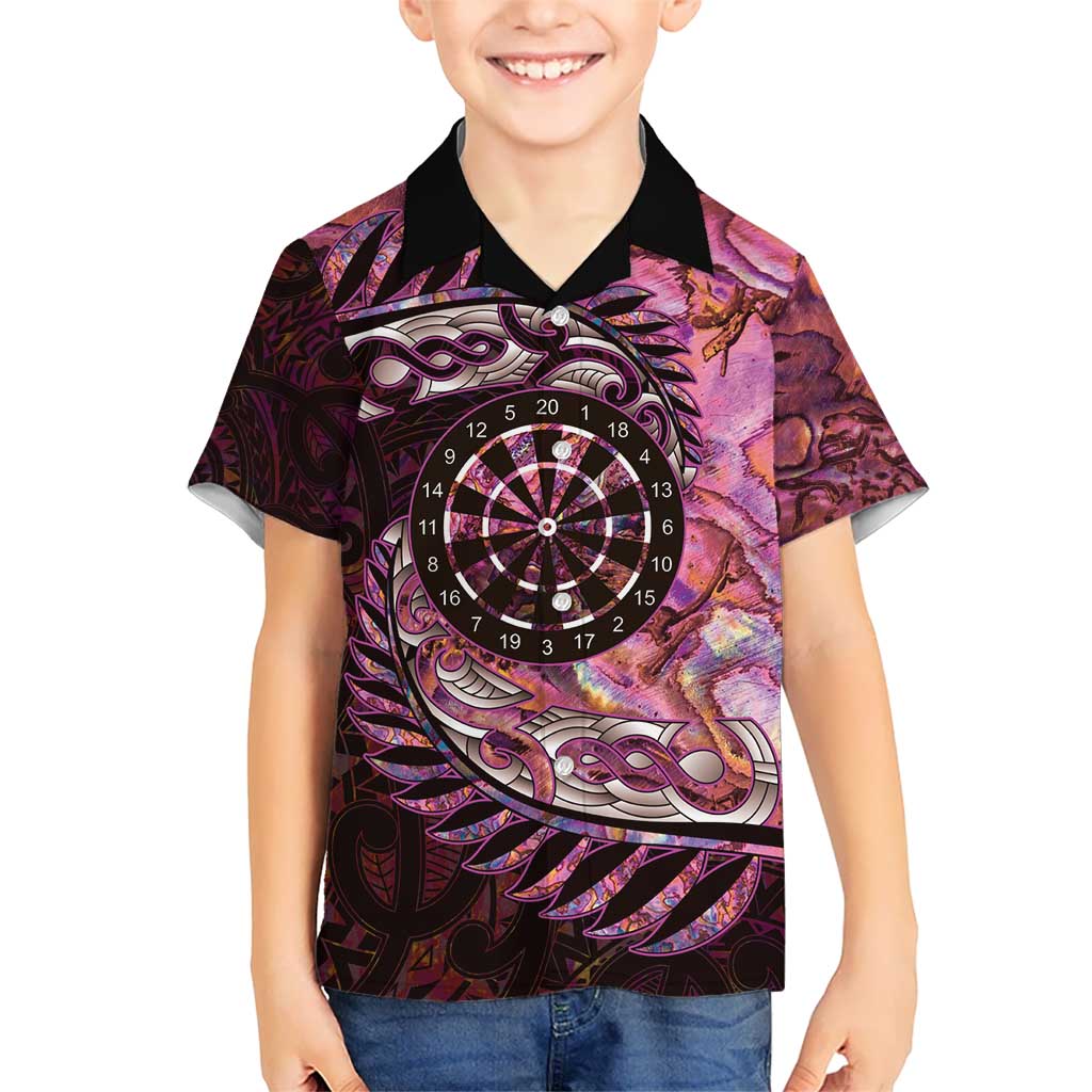 New Zealand Darts Personalised Kid Hawaiian Shirt Aotearoa Silver Fern Pink Papua Shell Spirit