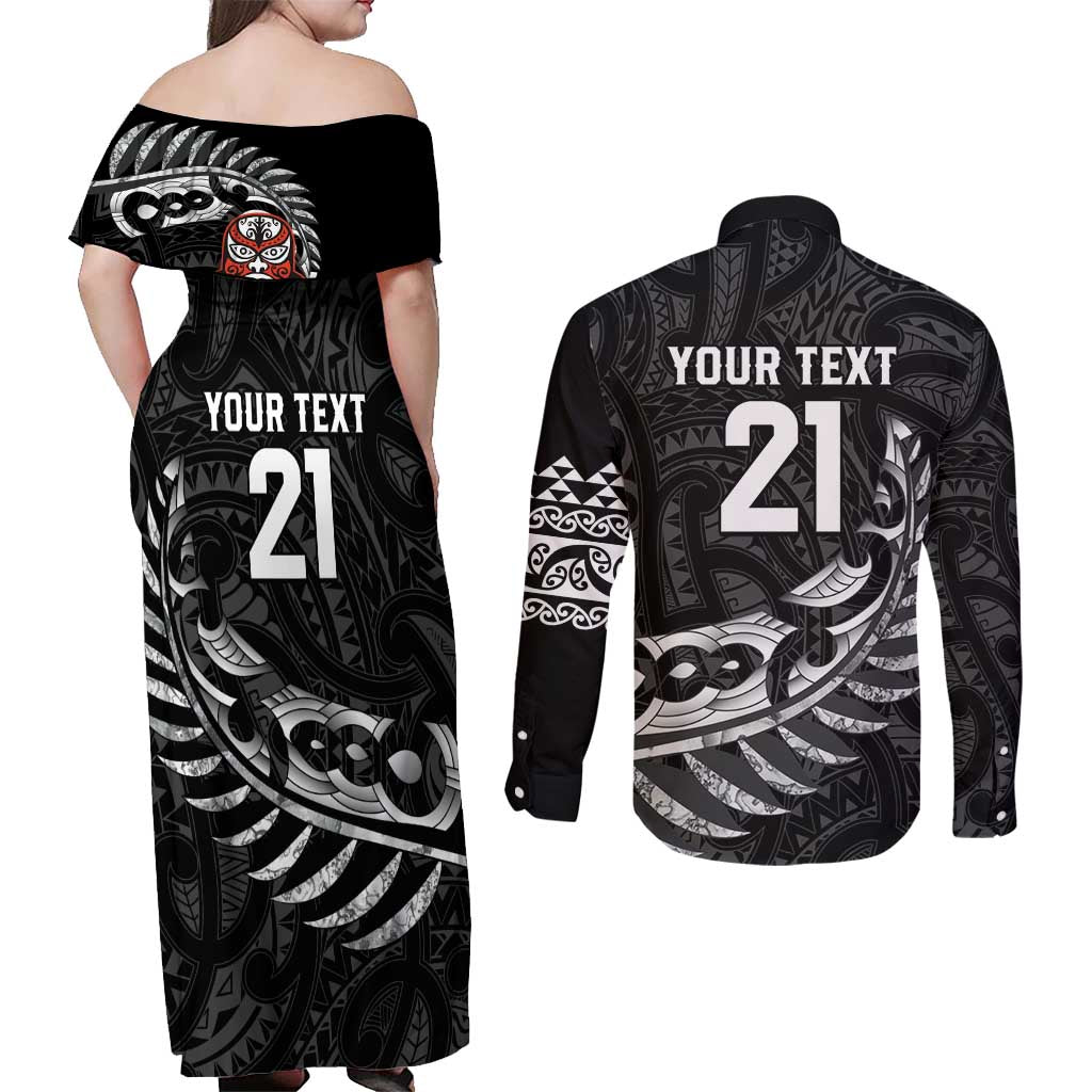 New Zealand Indigenous-Maori Rugby Custom Couples Matching Off Shoulder Maxi Dress and Long Sleeve Button Shirt