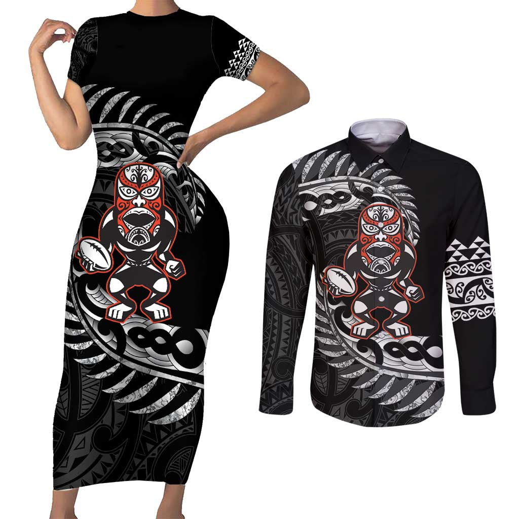 New Zealand Indigenous-Maori Rugby Custom Couples Matching Short Sleeve Bodycon Dress and Long Sleeve Button Shirt