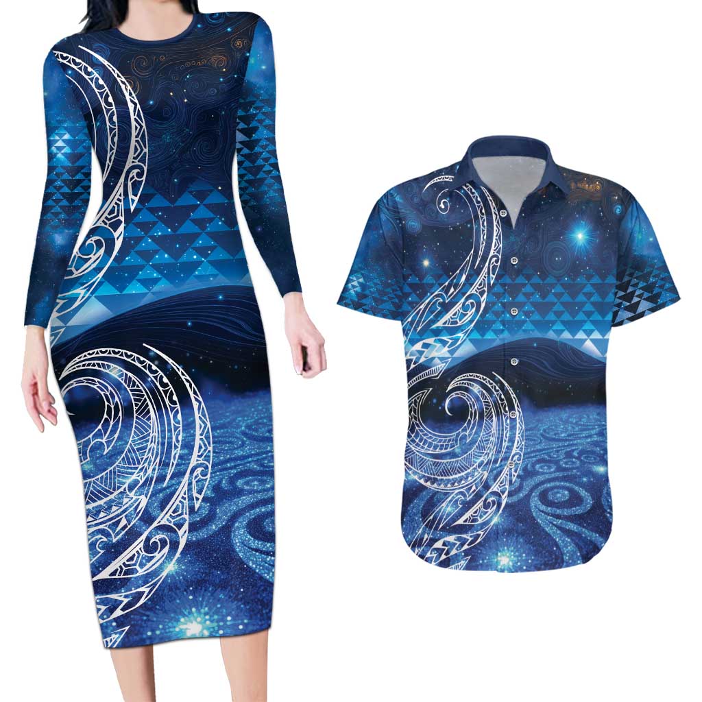 New Zealand Matariki Couples Matching Long Sleeve Bodycon Dress and Hawaiian Shirt Taniko Aramoana With Koru Galaxy Sky Night