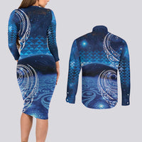 New Zealand Matariki Couples Matching Long Sleeve Bodycon Dress and Long Sleeve Button Shirt Taniko Aramoana With Koru Galaxy Sky Night