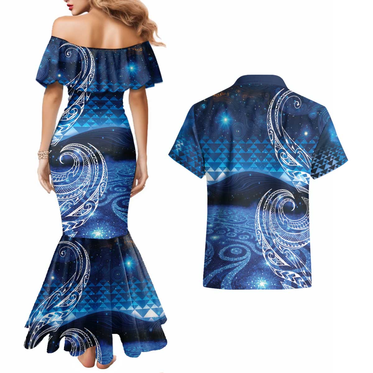 New Zealand Matariki Couples Matching Mermaid Dress and Hawaiian Shirt Taniko Aramoana With Koru Galaxy Sky Night