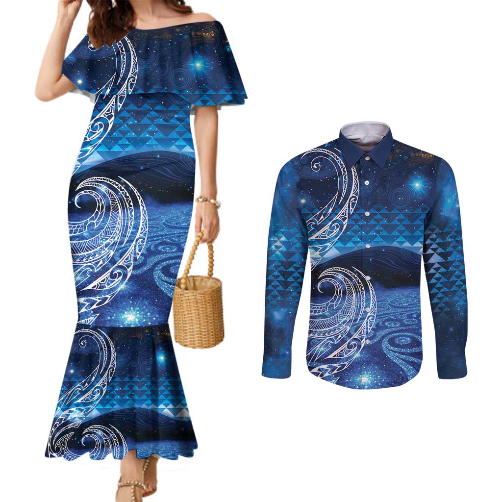 New Zealand Matariki Couples Matching Mermaid Dress and Long Sleeve Button Shirt Taniko Aramoana With Koru Galaxy Sky Night
