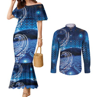 New Zealand Matariki Couples Matching Mermaid Dress and Long Sleeve Button Shirt Taniko Aramoana With Koru Galaxy Sky Night