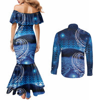New Zealand Matariki Couples Matching Mermaid Dress and Long Sleeve Button Shirt Taniko Aramoana With Koru Galaxy Sky Night