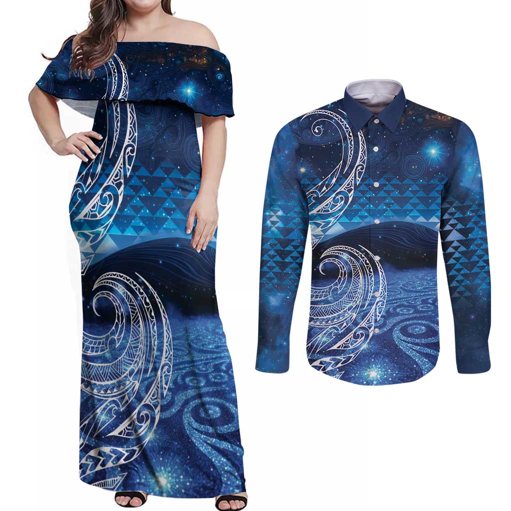 New Zealand Matariki Couples Matching Off Shoulder Maxi Dress and Long Sleeve Button Shirt Taniko Aramoana With Koru Galaxy Sky Night