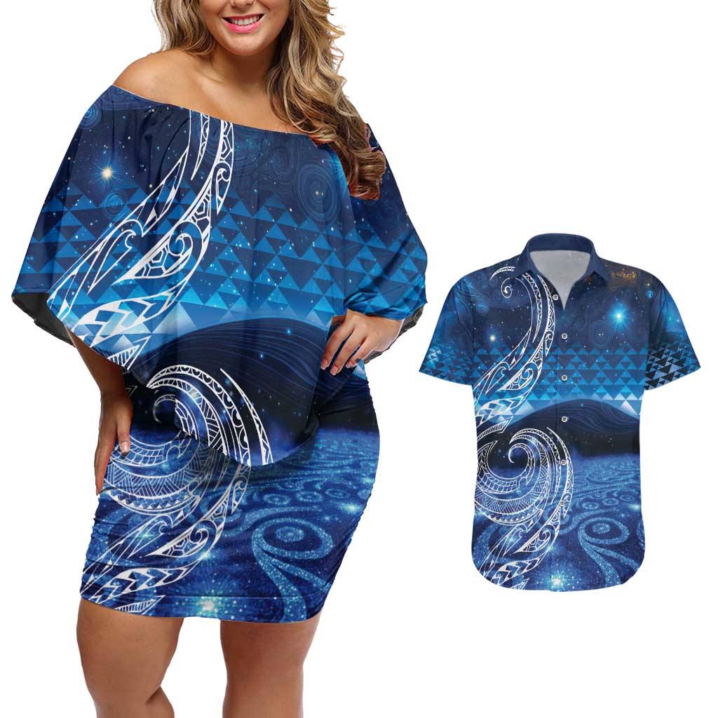 New Zealand Matariki Couples Matching Off Shoulder Short Dress and Hawaiian Shirt Taniko Aramoana With Koru Galaxy Sky Night