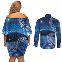 New Zealand Matariki Couples Matching Off Shoulder Short Dress and Long Sleeve Button Shirt Taniko Aramoana With Koru Galaxy Sky Night