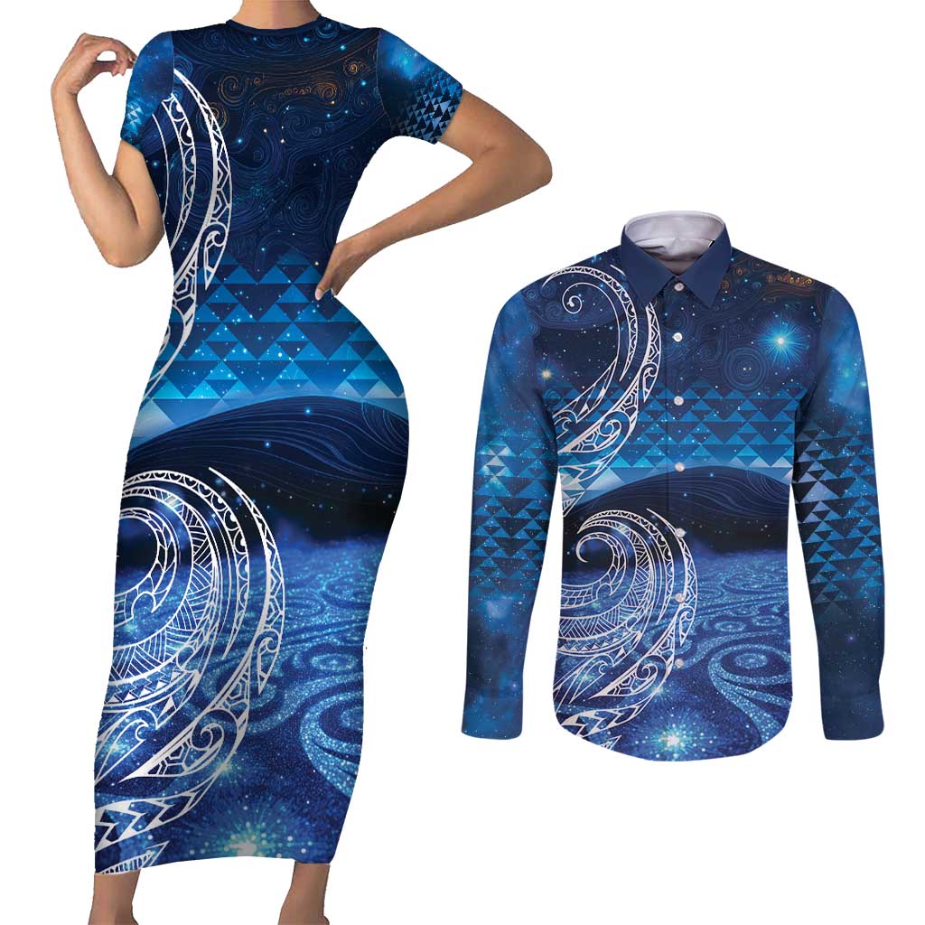 New Zealand Matariki Couples Matching Short Sleeve Bodycon Dress and Long Sleeve Button Shirt Taniko Aramoana With Koru Galaxy Sky Night