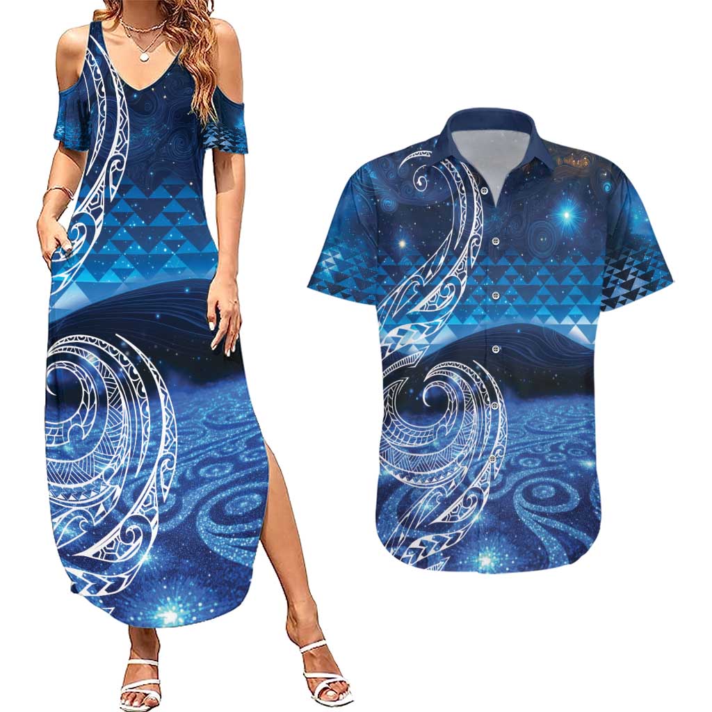 New Zealand Matariki Couples Matching Summer Maxi Dress and Hawaiian Shirt Taniko Aramoana With Koru Galaxy Sky Night