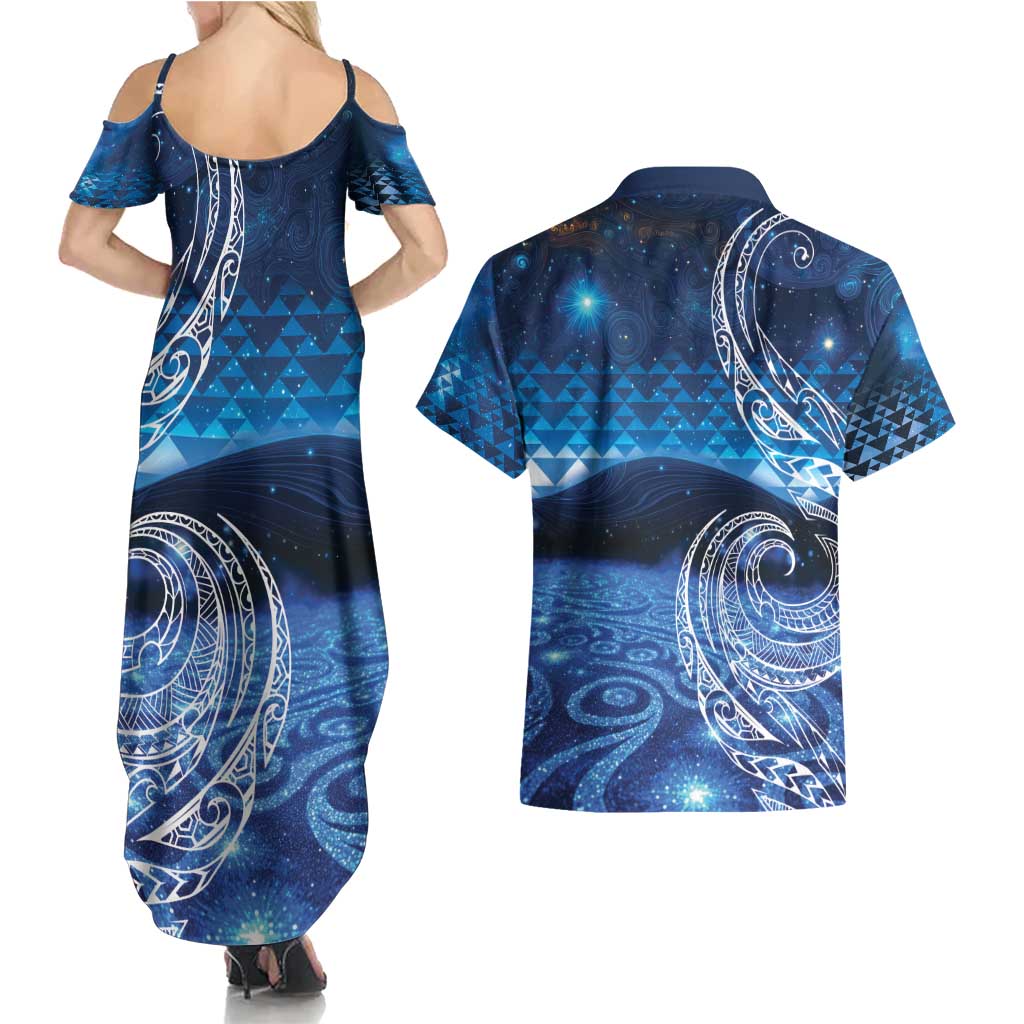 New Zealand Matariki Couples Matching Summer Maxi Dress and Hawaiian Shirt Taniko Aramoana With Koru Galaxy Sky Night