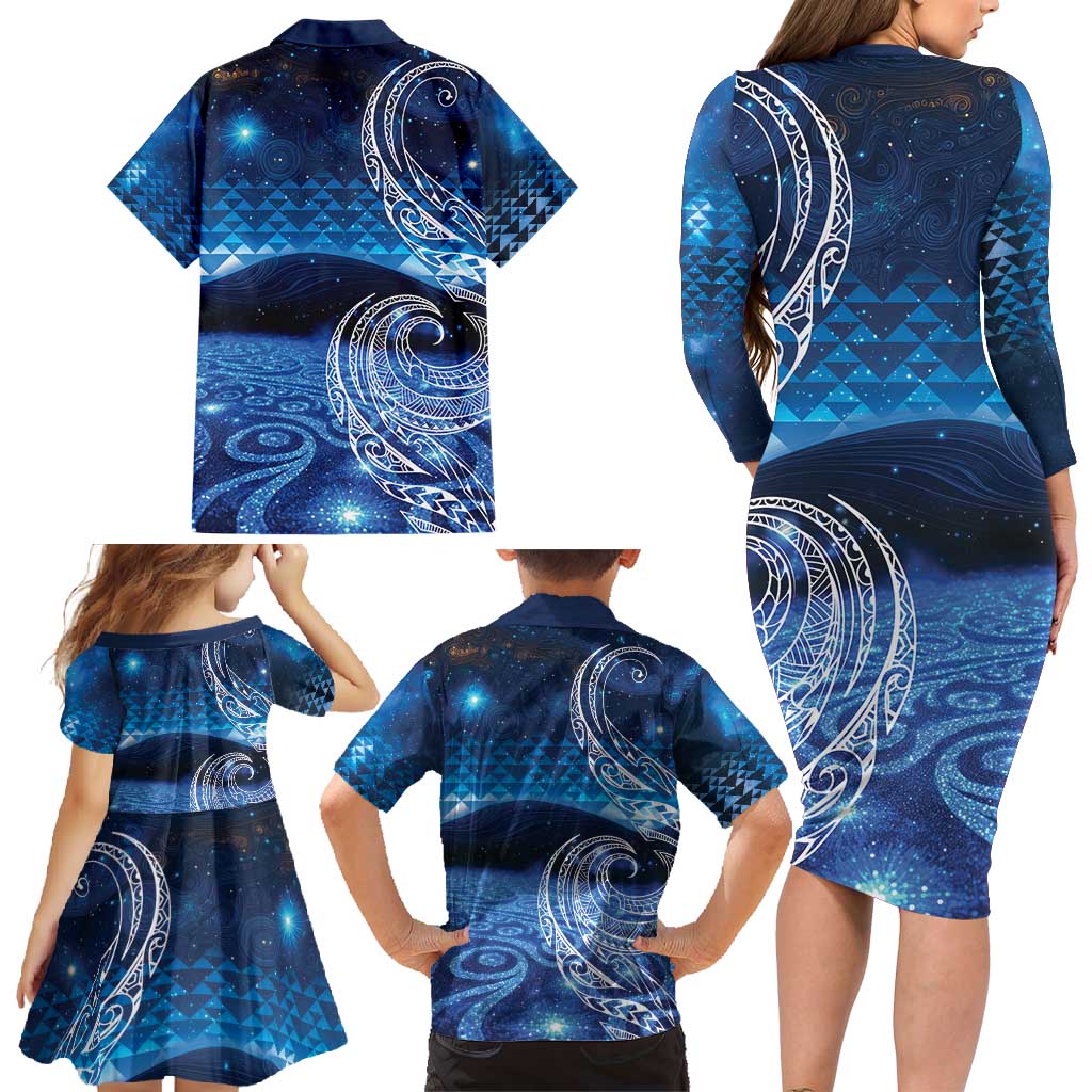 New Zealand Matariki Family Matching Long Sleeve Bodycon Dress and Hawaiian Shirt Taniko Aramoana With Koru Galaxy Sky Night