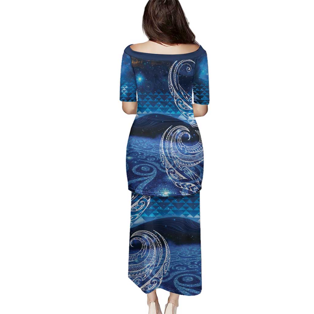 New Zealand Matariki Family Matching Puletasi and Hawaiian Shirt Taniko Aramoana With Koru Galaxy Sky Night