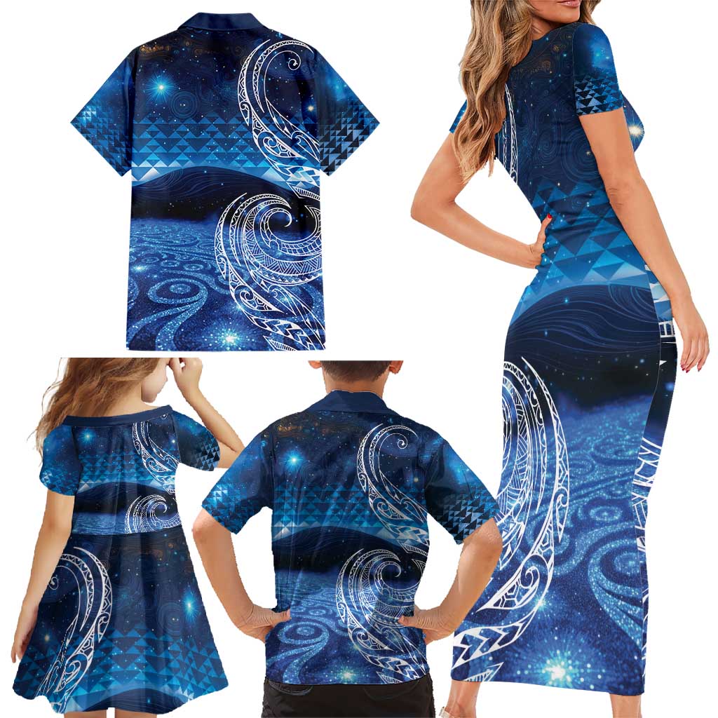 New Zealand Matariki Family Matching Short Sleeve Bodycon Dress and Hawaiian Shirt Taniko Aramoana With Koru Galaxy Sky Night