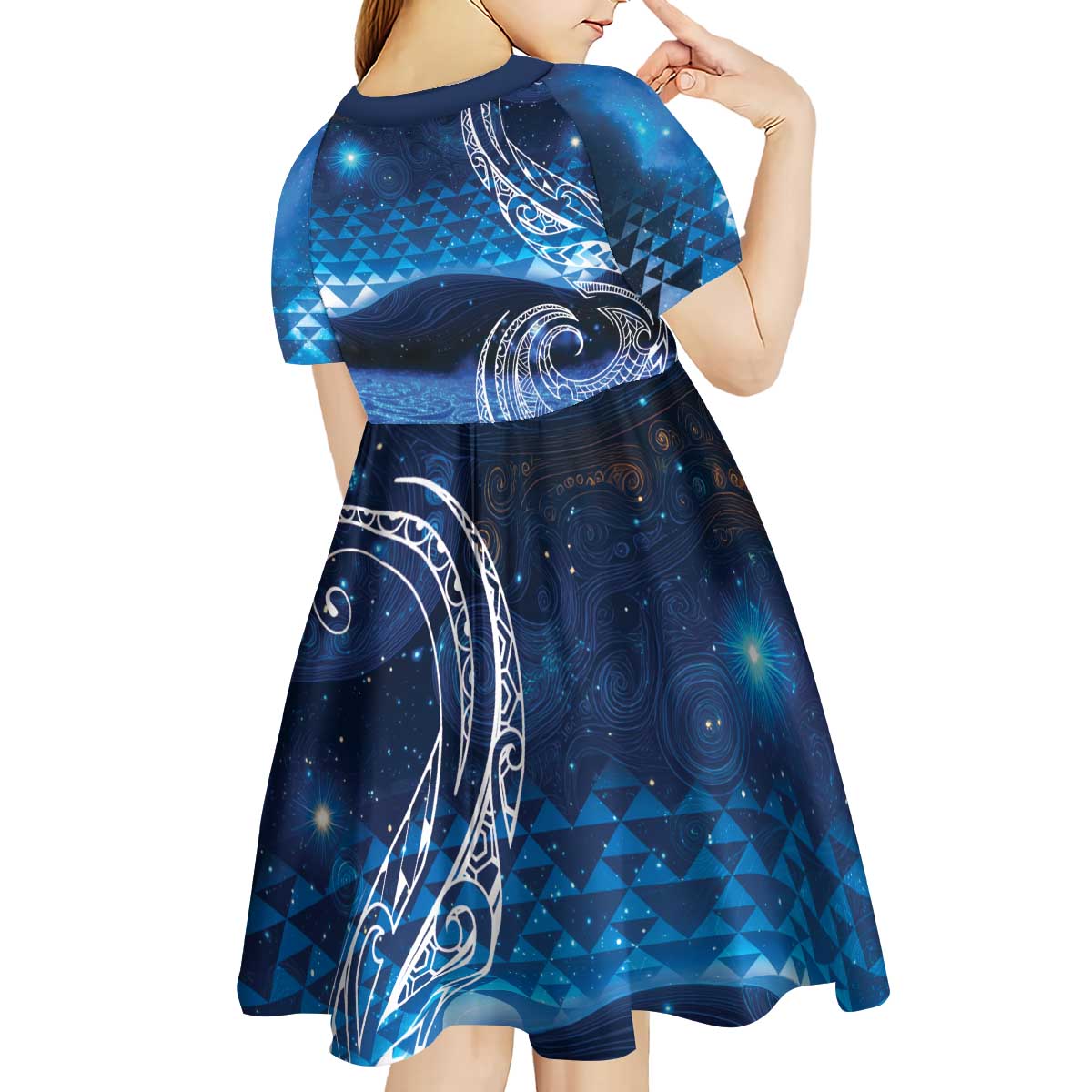 New Zealand Matariki Kid Short Sleeve Dress Taniko Aramoana With Koru Galaxy Sky Night