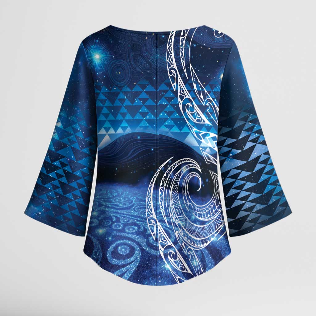 New Zealand Matariki Kimono Sleeve Blouse Taniko Aramoana With Koru Galaxy Sky Night - Polynesian Pride
