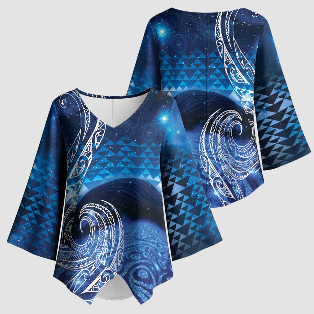 New Zealand Matariki Kimono Sleeve Blouse Taniko Aramoana With Koru Galaxy Sky Night - Polynesian Pride