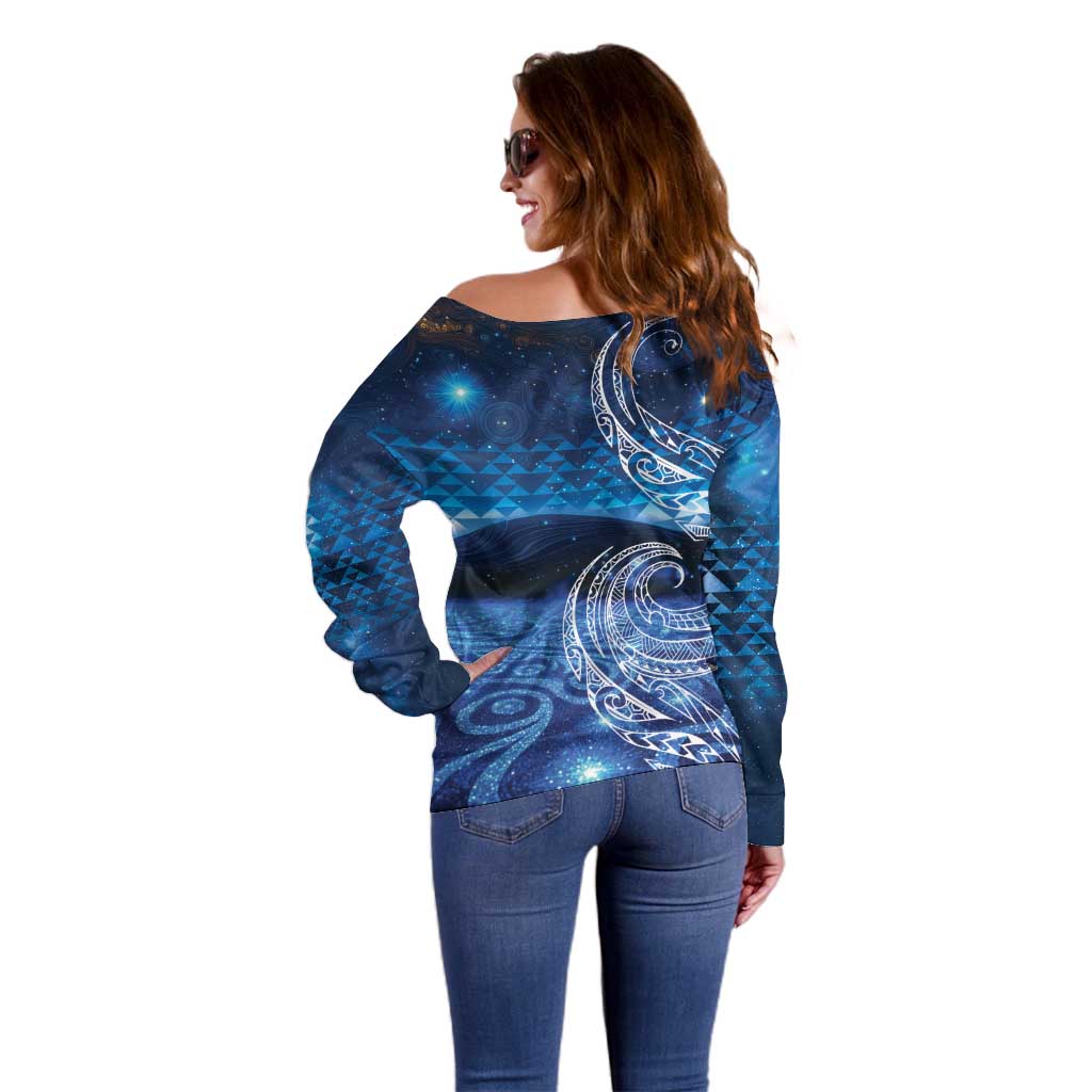 New Zealand Matariki Off Shoulder Sweater Taniko Aramoana With Koru Galaxy Sky Night
