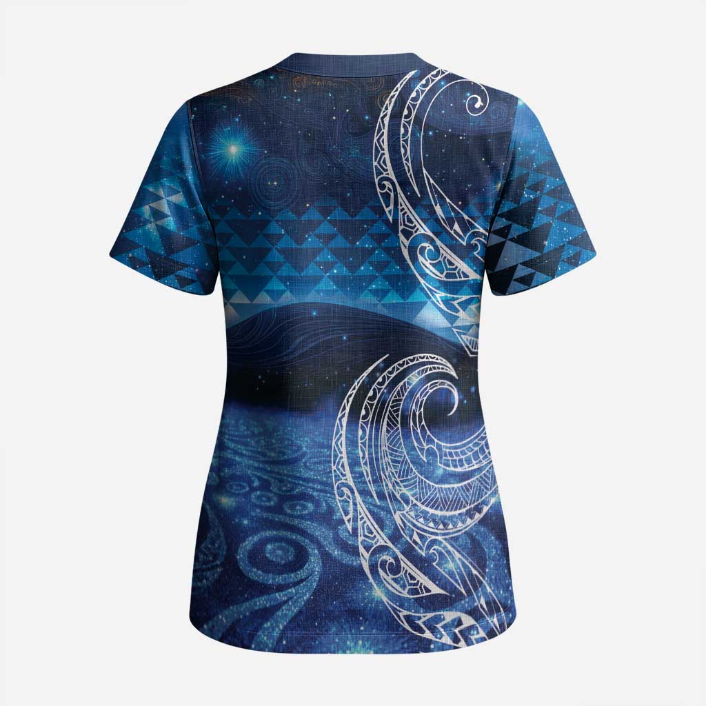 New Zealand Matariki Scrub Top Taniko Aramoana With Koru Galaxy Sky Night - Polynesian Pride
