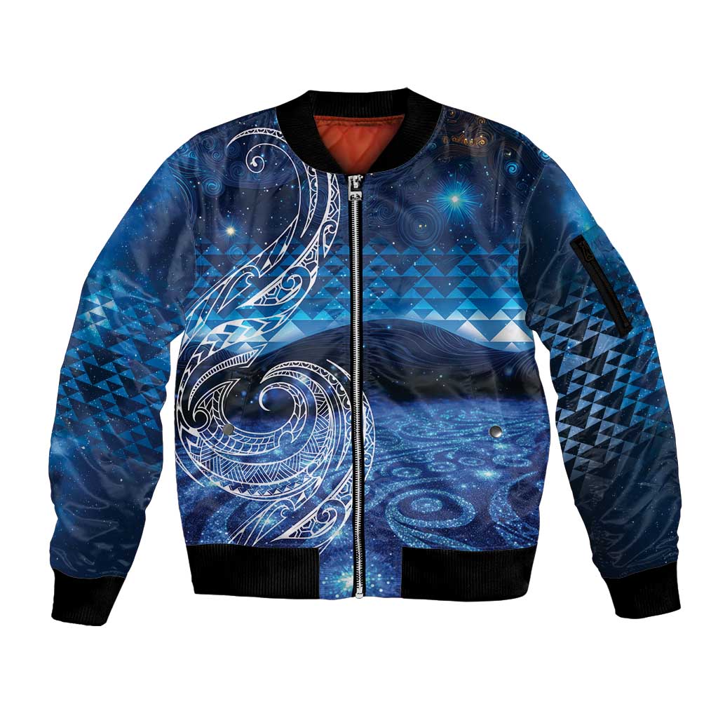New Zealand Matariki Sleeve Zip Bomber Jacket Taniko Aramoana With Koru Galaxy Sky Night