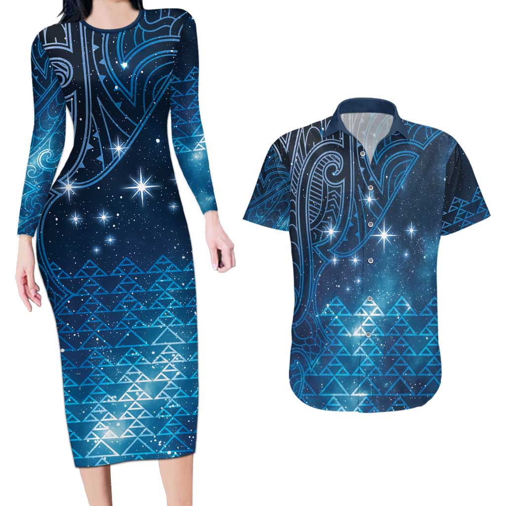 New Zealand Matariki Couples Matching Long Sleeve Bodycon Dress and Hawaiian Shirt Taniko Aramoana With Maori Galaxy Sky Night