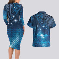 New Zealand Matariki Couples Matching Long Sleeve Bodycon Dress and Hawaiian Shirt Taniko Aramoana With Maori Galaxy Sky Night