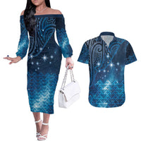 New Zealand Matariki Couples Matching Off The Shoulder Long Sleeve Dress and Hawaiian Shirt Taniko Aramoana With Maori Galaxy Sky Night